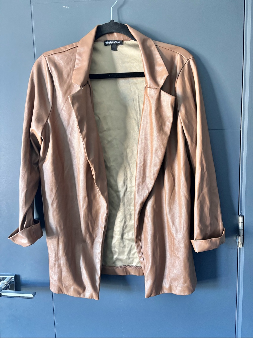 Women's Brown Faux Leather Open Blazer Jacket